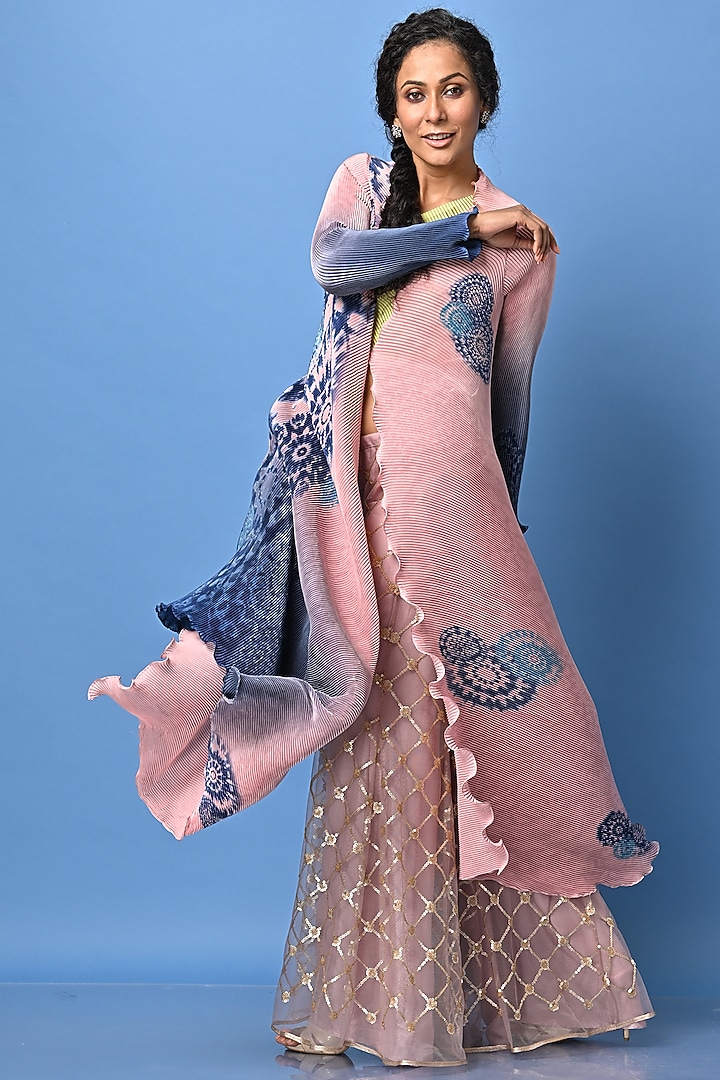 Salmon & Navy Blue Printed Angrakha Jacket by Kiran Uttam Ghosh at Pernia's Pop Up Shop
