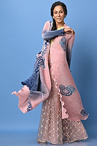 Salmon & Navy Blue Printed Angrakha Jacket by Kiran Uttam Ghosh