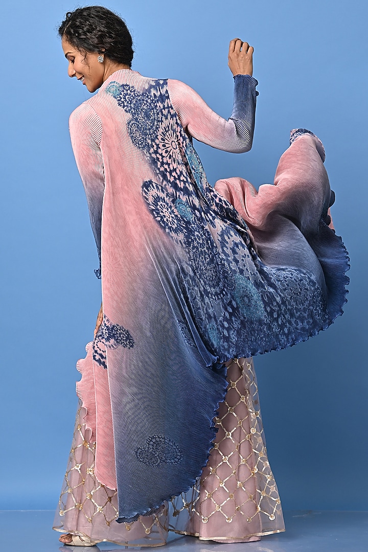 Salmon & Navy Blue Printed Angrakha Jacket by Kiran Uttam Ghosh at Pernia's Pop Up Shop