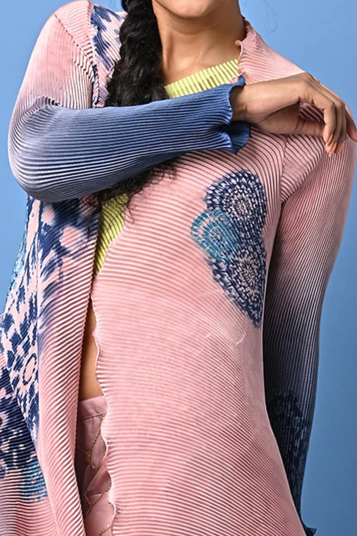 Salmon & Navy Blue Printed Angrakha Jacket by Kiran Uttam Ghosh at Pernia's Pop Up Shop