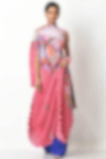 Deep Pink Printed Draped Dress by Kiran Uttam Ghosh