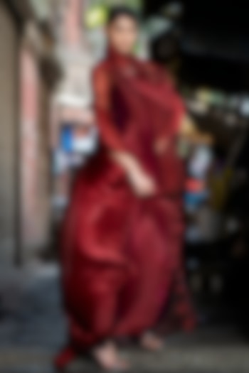 Maroon Pleated Polyester & Sheer Dupatta by Kiran Uttam Ghosh at Pernia's Pop Up Shop
