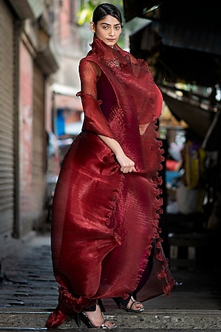 Maroon Pleated Polyester & Sheer Dupatta by Kiran Uttam Ghosh