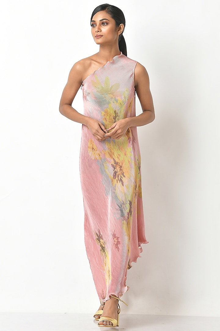 Peach Printed One-Shoulder Dress by Kiran Uttam Ghosh