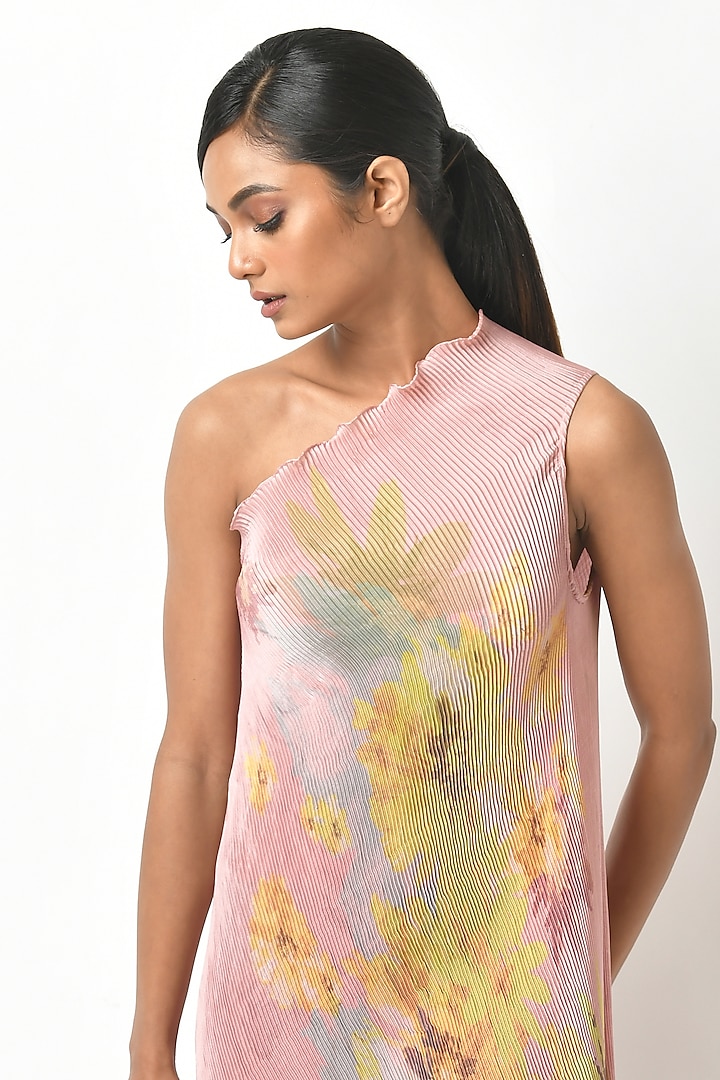 Peach Printed One-Shoulder Vacation Dress by Kiran Uttam Ghosh at Pernia's Pop Up Shop