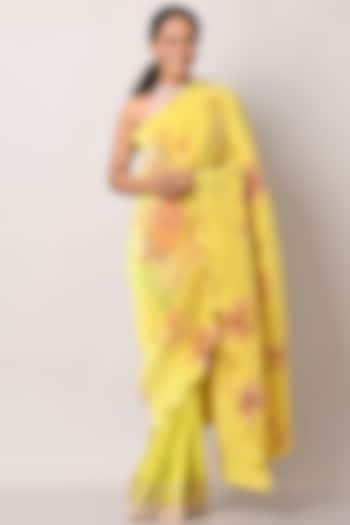 Bright Yellow Printed Saree Set by Kiran Uttam Ghosh