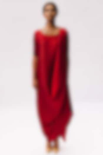 Cadmium Red Pleated Polyester Embroidered Pleated Wrapped Dress by Kiran Uttam Ghosh at Pernia's Pop Up Shop