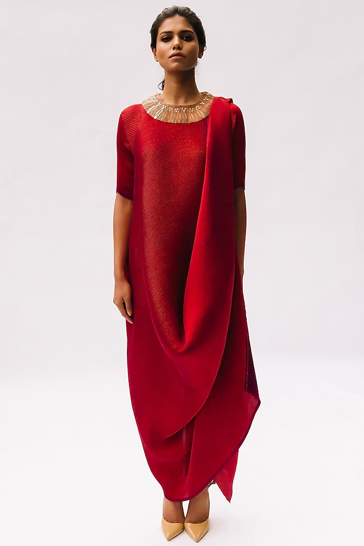 Cadmium Red Embroidered Wrapped Dress by Kiran Uttam Ghosh