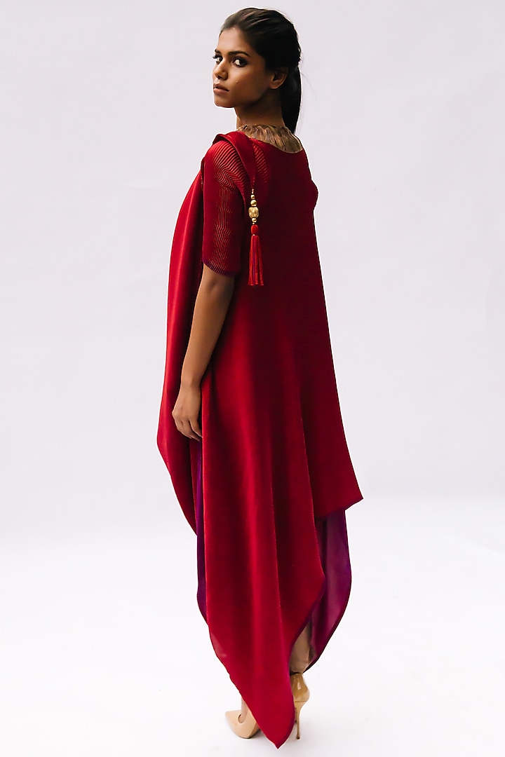 Cadmium Red Pleated Polyester Embroidered Pleated Wrapped Cocktail Dress by Kiran Uttam Ghosh at Pernia's Pop Up Shop