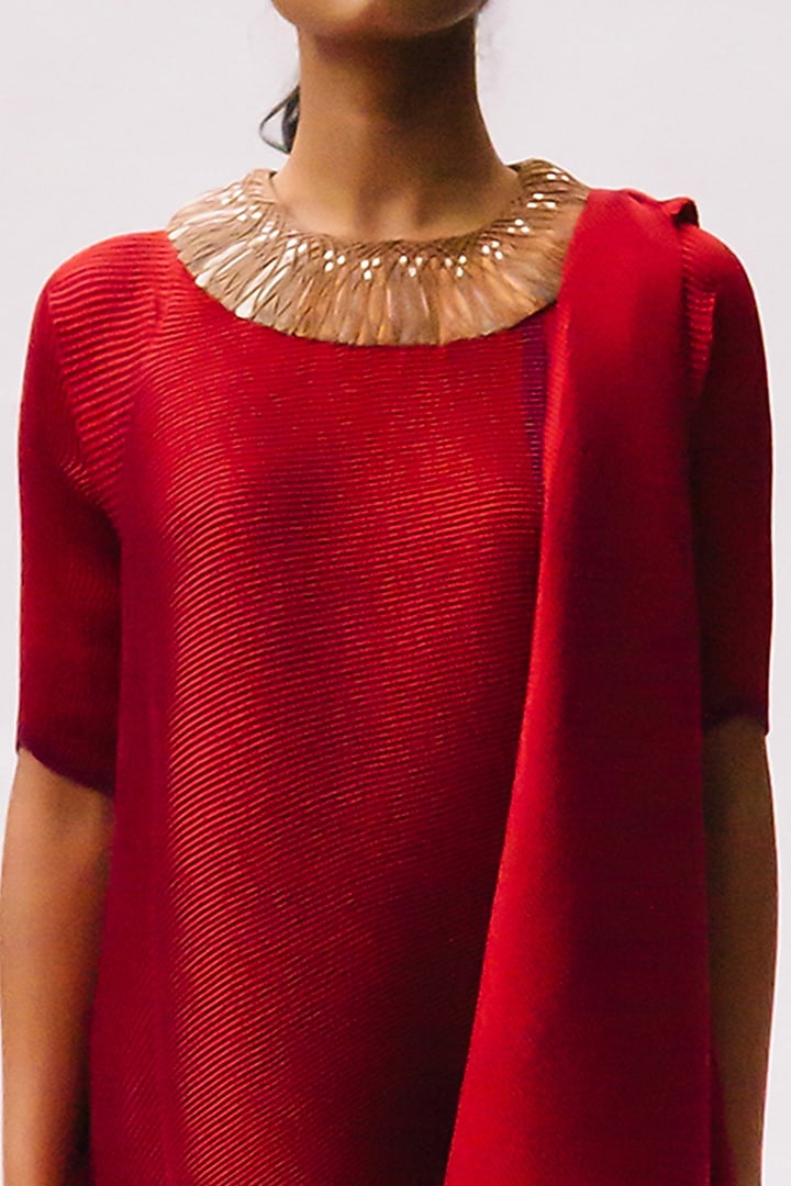 Cadmium Red Pleated Polyester Embroidered Pleated Wrapped Cocktail Dress by Kiran Uttam Ghosh at Pernia's Pop Up Shop
