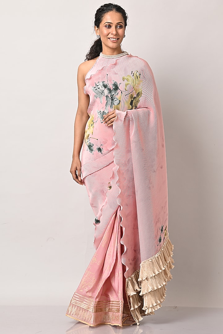 Salmon Pleated Polyester Printed Saree Set by Kiran Uttam Ghosh