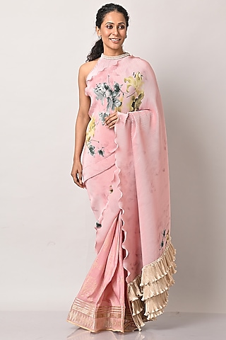 Salmon Pleated Polyester Printed Saree Set by Kiran Uttam Ghosh
