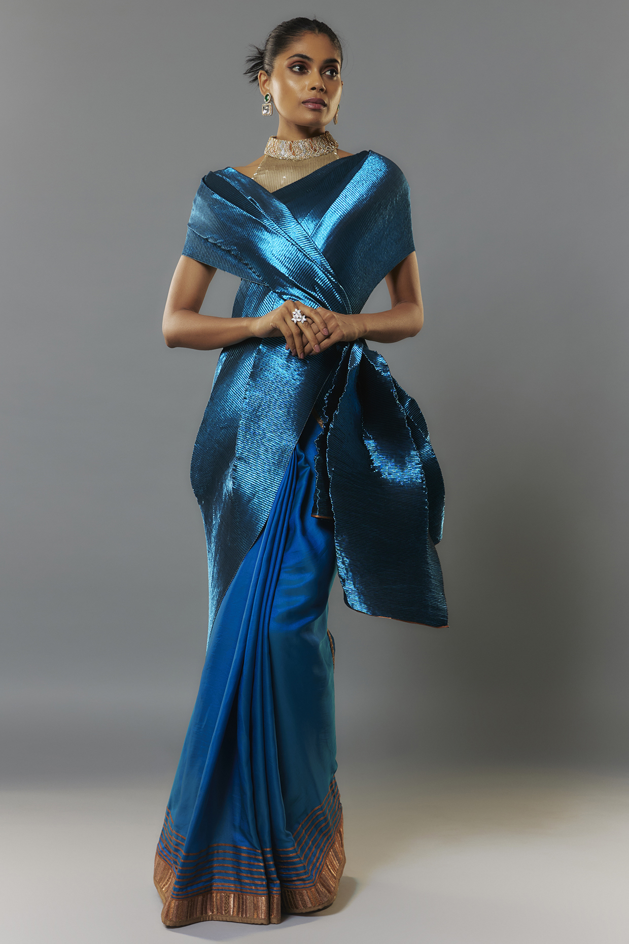 Blue Crepe & Pleated Polyester Wedding Saree Set by Kiran Uttam Ghosh at Pernia's Pop Up Shop