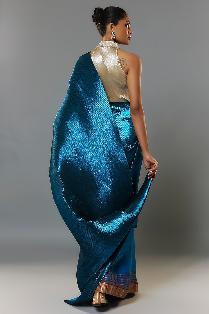 Blue Crepe & Pleated Polyester Wedding Saree Set by Kiran Uttam Ghosh at Pernia's Pop Up Shop