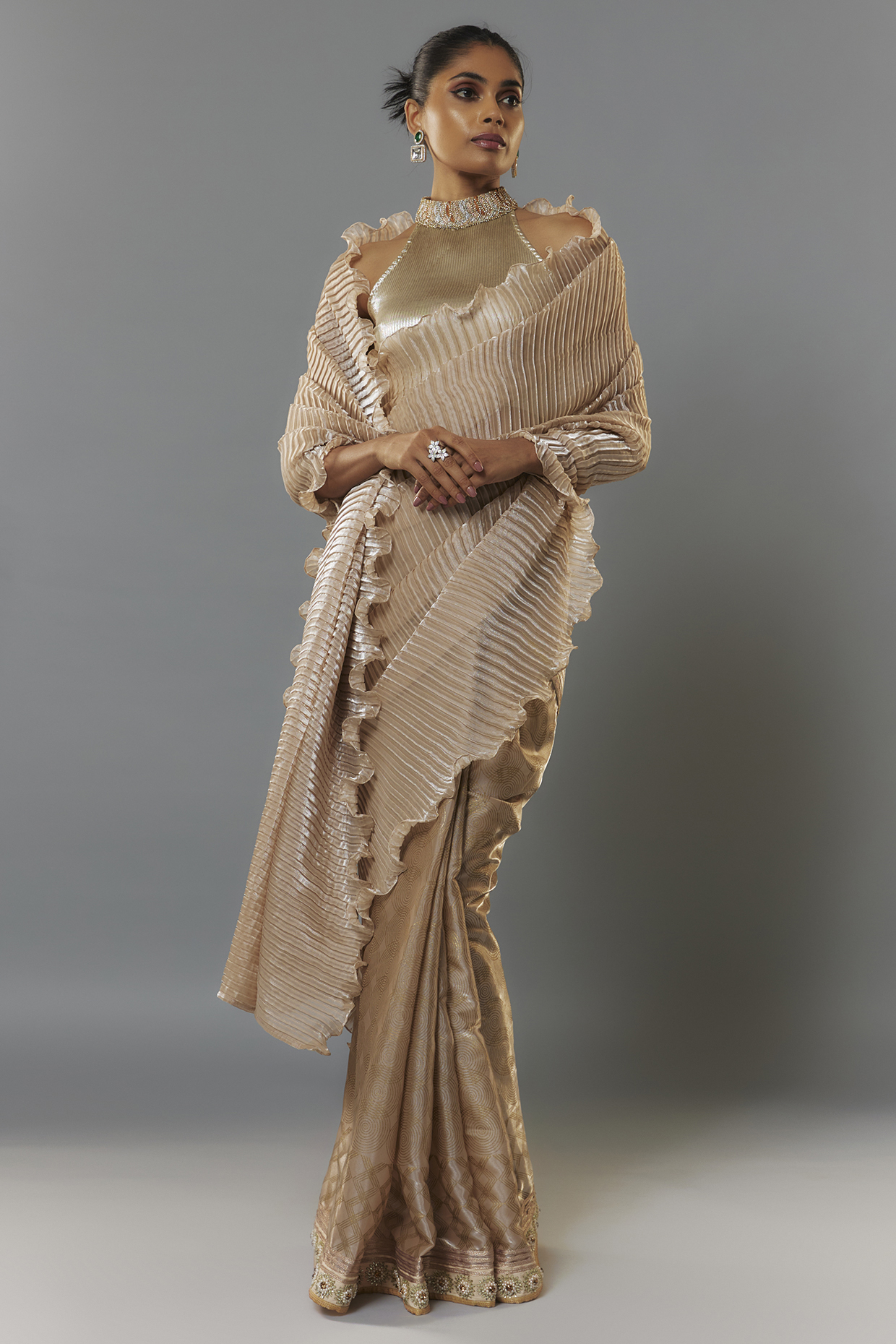 Beige Crepe & Pleated Polyester Wedding Saree Set by Kiran Uttam Ghosh at Pernia's Pop Up Shop
