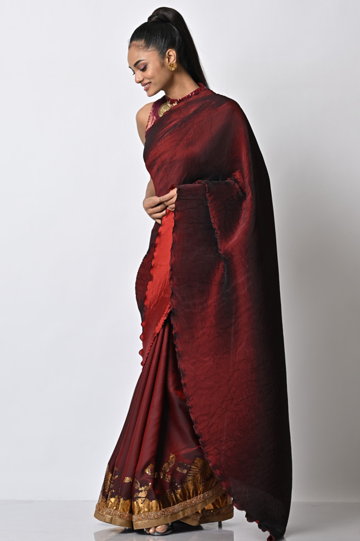 Merlot Pleated Polyester Mix Hand Embroidered Wedding Saree Set by Kiran Uttam Ghosh at Pernia's Pop Up Shop