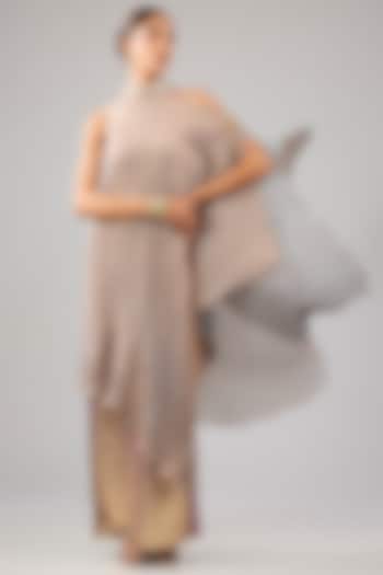 Smokey Gold & Grey Pleated Polyester Draped Cocktail Dress by Kiran Uttam Ghosh at Pernia's Pop Up Shop