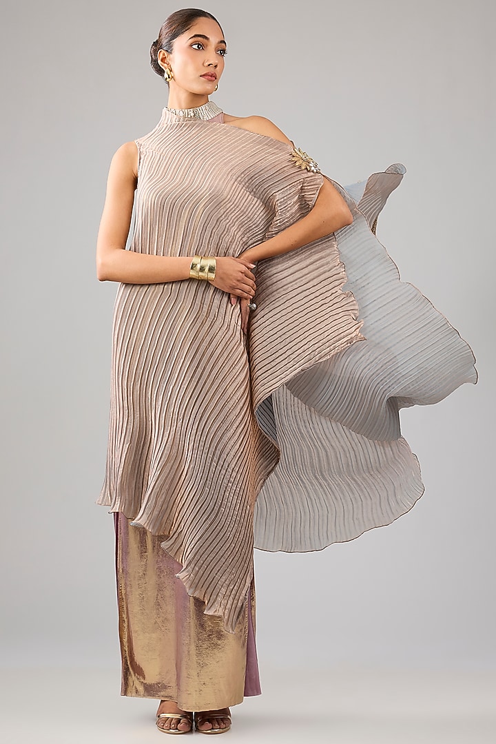 Smokey Gold & Grey Pleated Polyester Draped Cocktail Dress by Kiran Uttam Ghosh at Pernia's Pop Up Shop