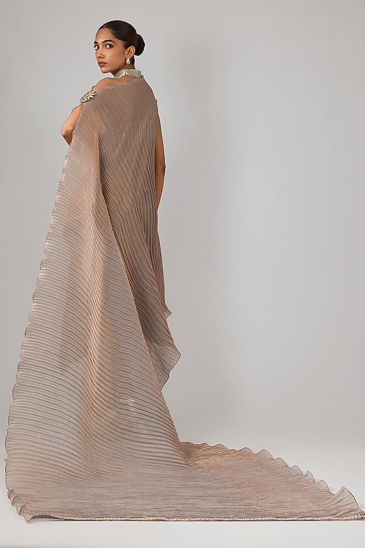 Smokey Gold & Grey Pleated Polyester Draped Cocktail Dress by Kiran Uttam Ghosh at Pernia's Pop Up Shop