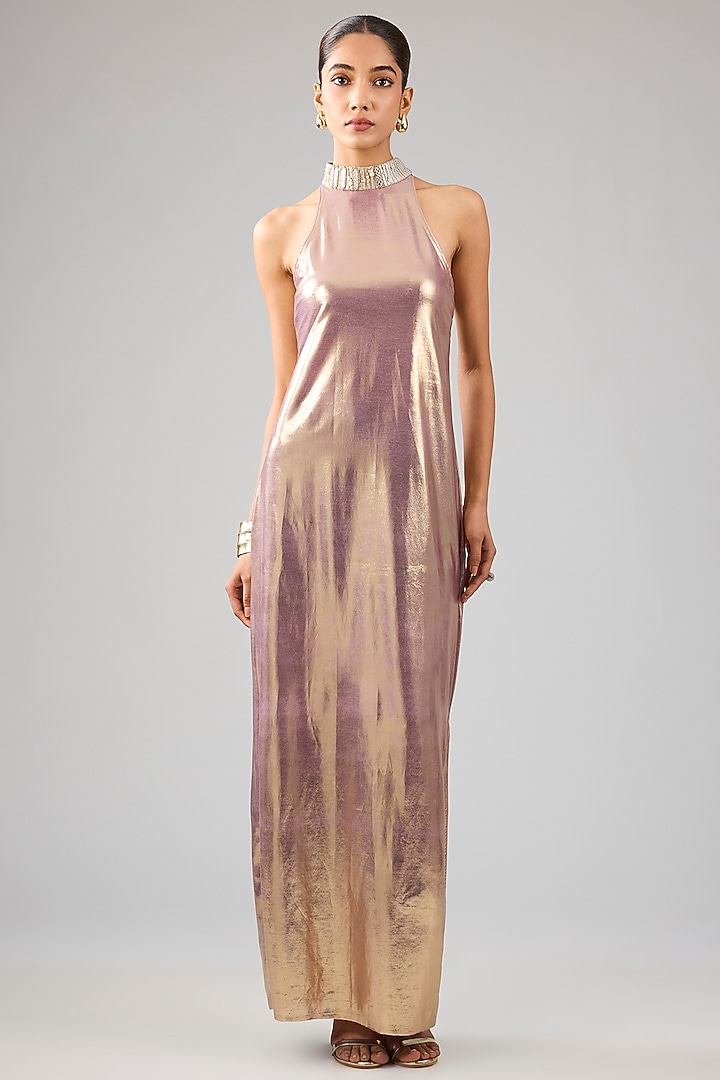 Smokey Gold & Grey Pleated Polyester Draped Cocktail Dress by Kiran Uttam Ghosh at Pernia's Pop Up Shop