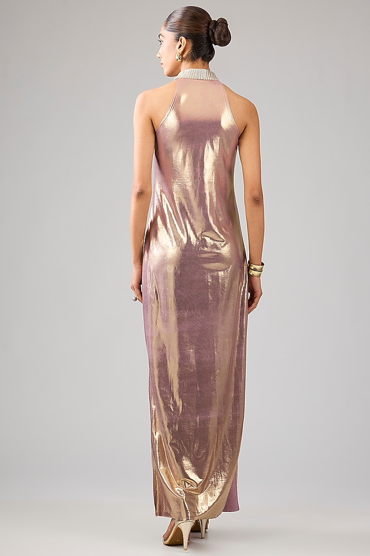 Smokey Gold & Grey Pleated Polyester Draped Cocktail Dress by Kiran Uttam Ghosh at Pernia's Pop Up Shop