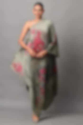 Olive Polyester Printed One-Shoulder Draped Vacation Dress by Kiran Uttam Ghosh at Pernia's Pop Up Shop