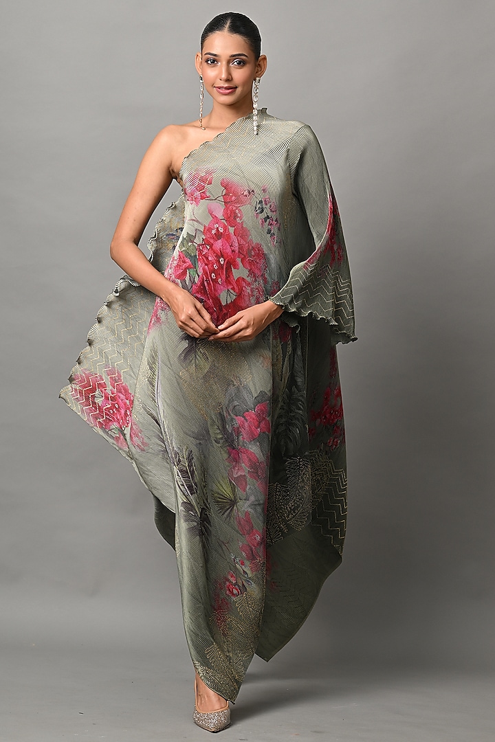 Olive Polyester Printed One-Shoulder Draped Vacation Dress by Kiran Uttam Ghosh at Pernia's Pop Up Shop