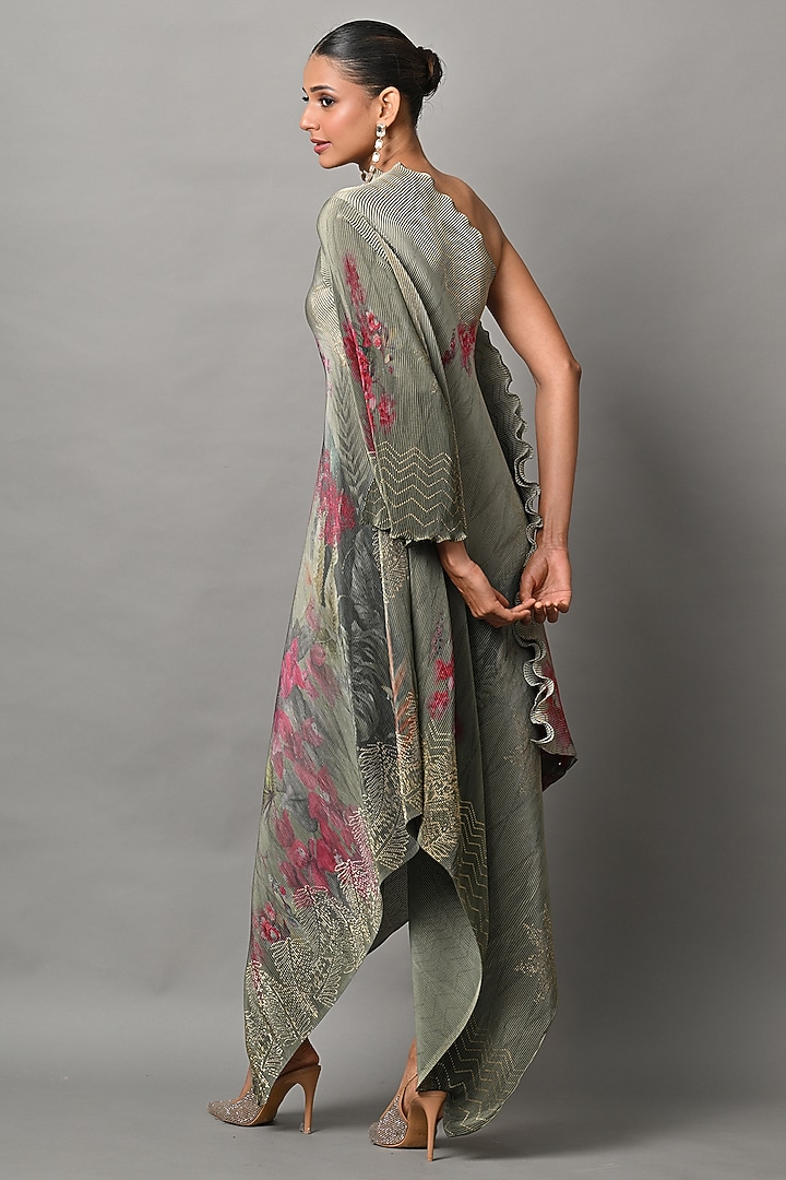 Olive Polyester Printed One-Shoulder Draped Vacation Dress by Kiran Uttam Ghosh at Pernia's Pop Up Shop
