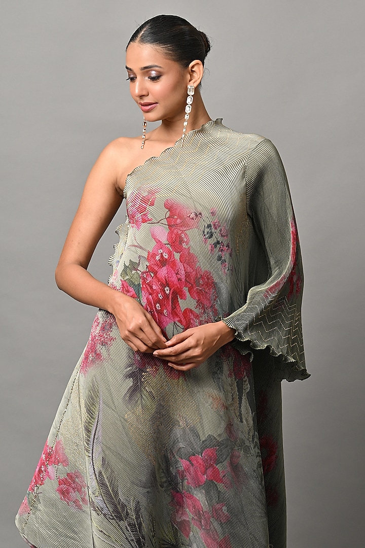 Olive Polyester Printed One-Shoulder Draped Vacation Dress by Kiran Uttam Ghosh at Pernia's Pop Up Shop