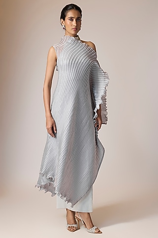 slim fit dress slacks Long Silk Slip Dress in Grey with Anthracite Leavers Lace main image 0