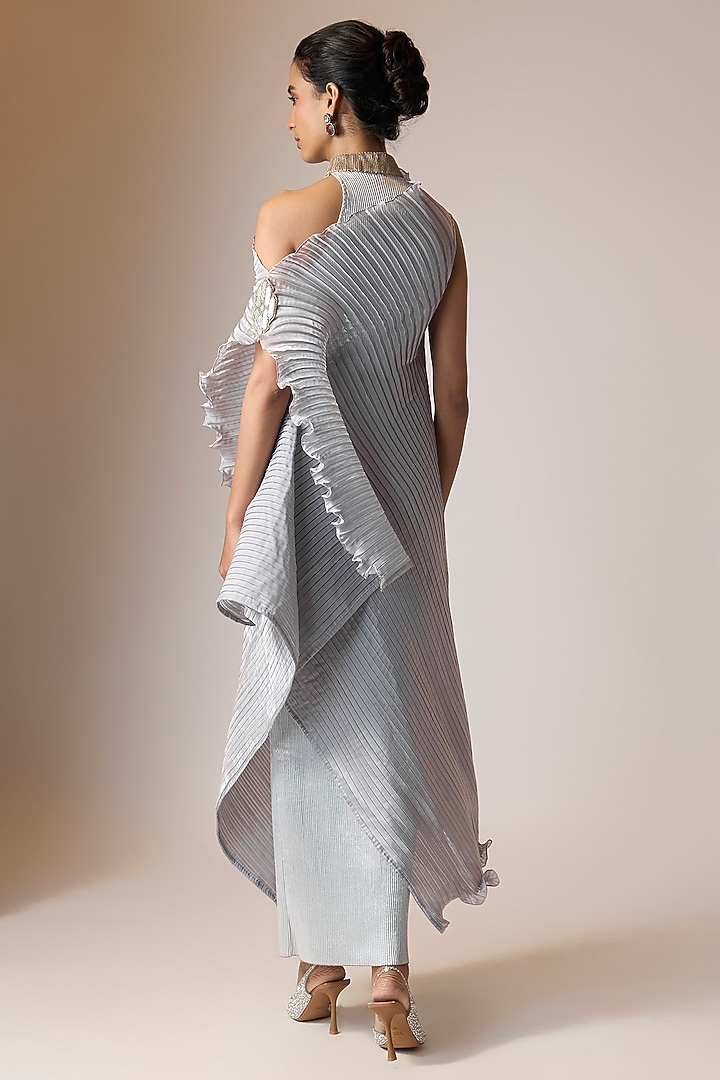 Silver Grey Pleated Polyester Viscose Cocktail Dress by Kiran Uttam Ghosh at Pernia's Pop Up Shop