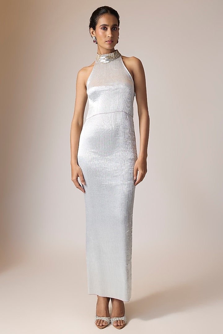 Silver Grey Pleated Polyester Viscose Cocktail Dress by Kiran Uttam Ghosh at Pernia's Pop Up Shop