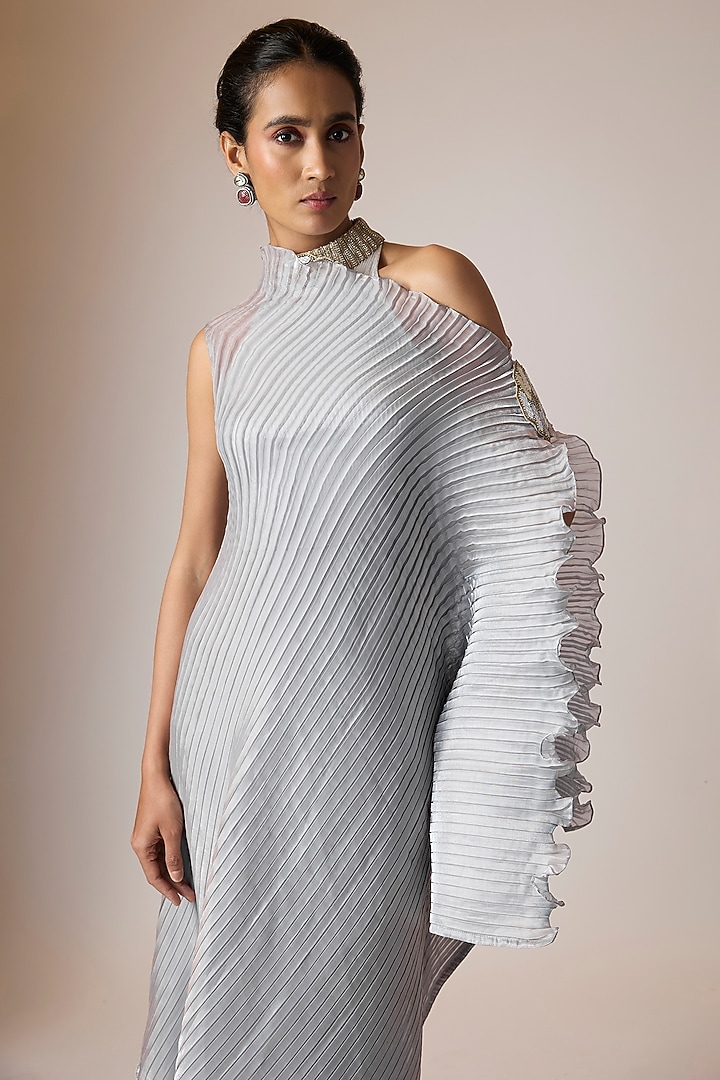 Silver Grey Pleated Polyester Viscose Cocktail Dress by Kiran Uttam Ghosh at Pernia's Pop Up Shop