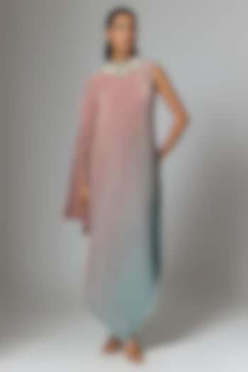 Salmon & Powder Blue Pleated Polyester Cocktail Dress by Kiran Uttam Ghosh at Pernia's Pop Up Shop