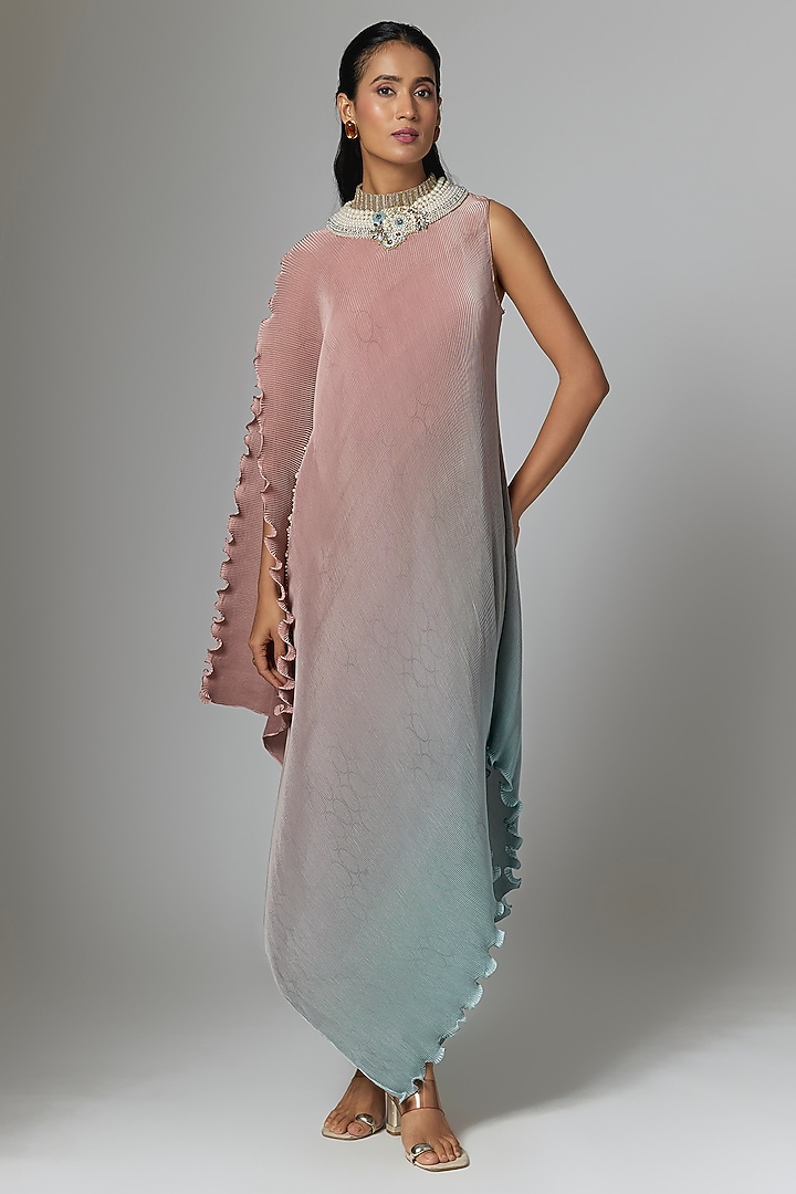 Salmon & Powder Blue Pleated Polyester Cocktail Dress by Kiran Uttam Ghosh at Pernia's Pop Up Shop