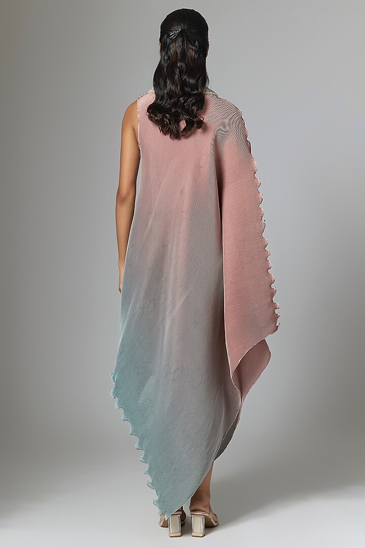 Salmon & Powder Blue Pleated Polyester Cocktail Dress by Kiran Uttam Ghosh at Pernia's Pop Up Shop