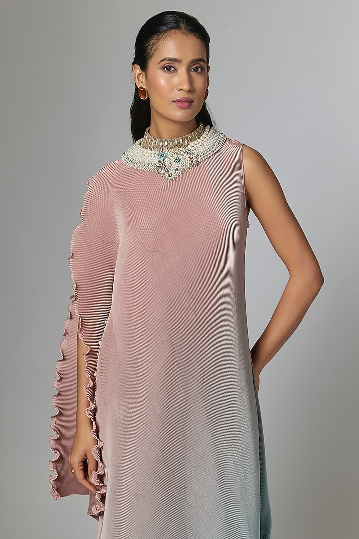 Salmon & Powder Blue Pleated Polyester Cocktail Dress by Kiran Uttam Ghosh at Pernia's Pop Up Shop