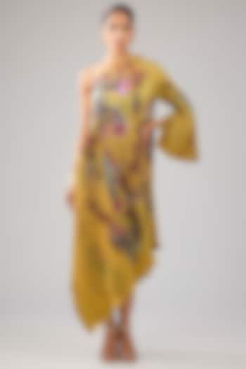 Mustard Pleated Polyester Floral Printed One-Shoulder Vacation Dress by Kiran Uttam Ghosh at Pernia's Pop Up Shop