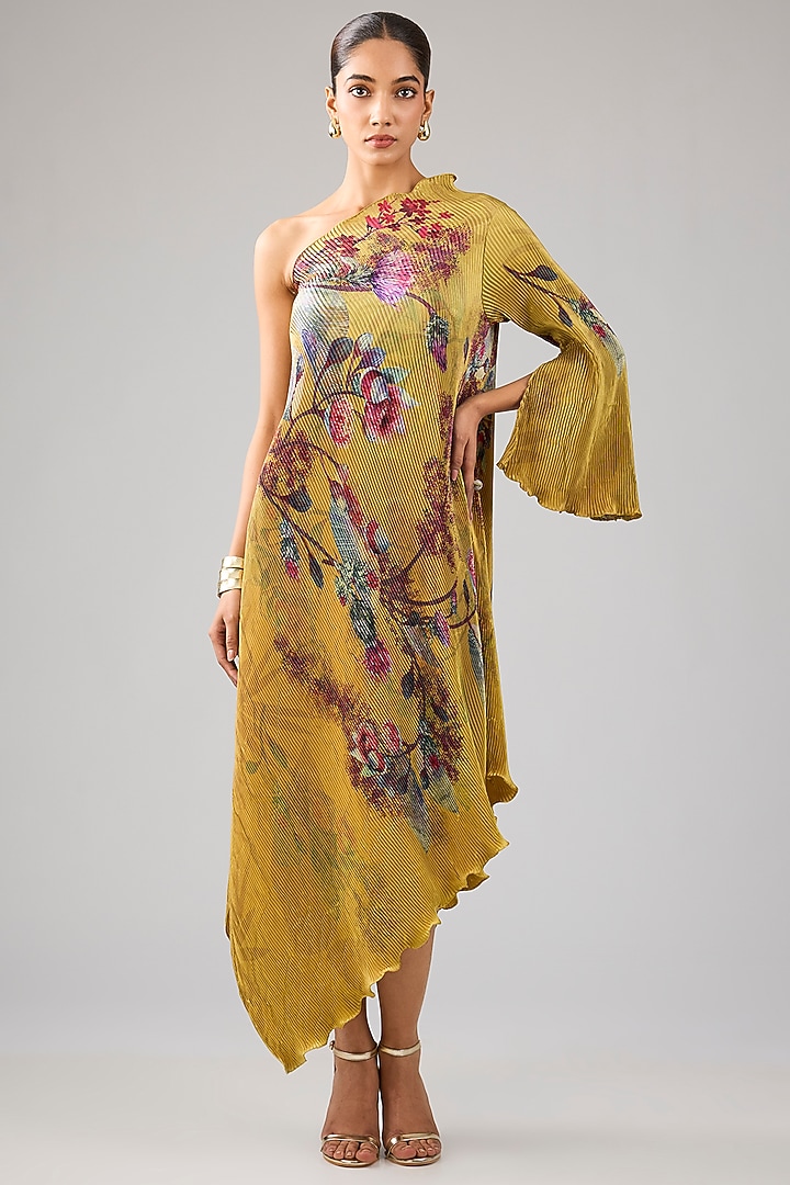 Mustard Pleated Polyester Floral Printed One-Shoulder Vacation Dress by Kiran Uttam Ghosh at Pernia's Pop Up Shop