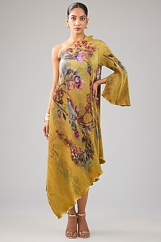 Mustard Pleated Polyester Floral Printed One-Shoulder Dress by Kiran Uttam Ghosh