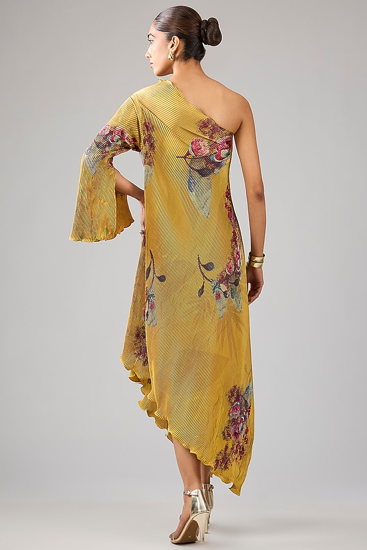 Mustard Pleated Polyester Floral Printed One-Shoulder Vacation Dress by Kiran Uttam Ghosh at Pernia's Pop Up Shop