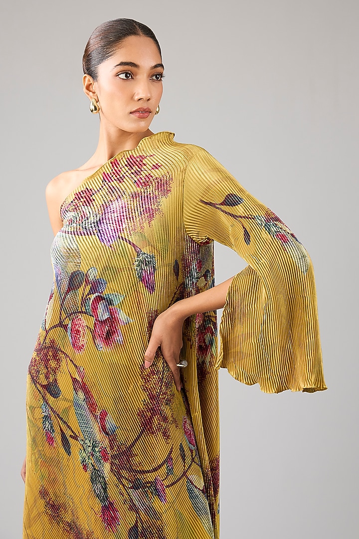 Mustard Pleated Polyester Floral Printed One-Shoulder Vacation Dress by Kiran Uttam Ghosh at Pernia's Pop Up Shop