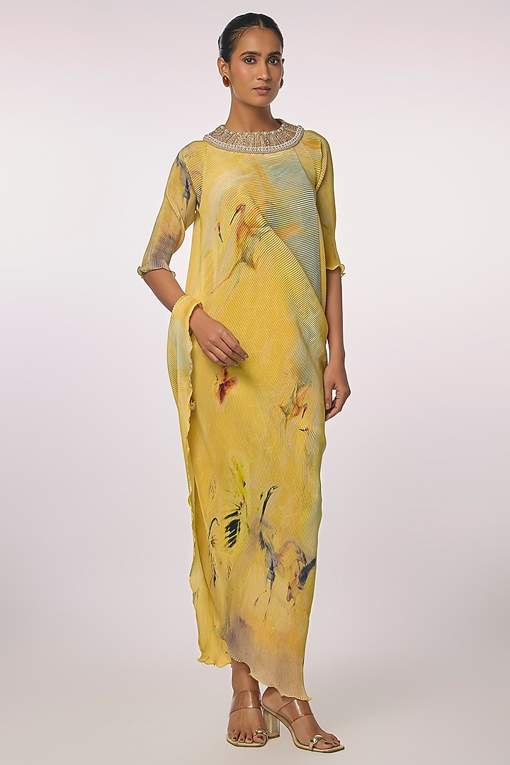 Yellow Pleated Polyester Cocktail Dress by Kiran Uttam Ghosh at Pernia's Pop Up Shop