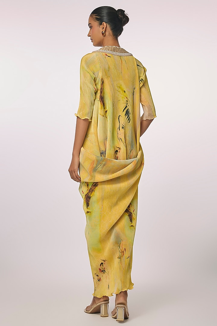 Yellow Pleated Polyester Cocktail Dress by Kiran Uttam Ghosh at Pernia's Pop Up Shop