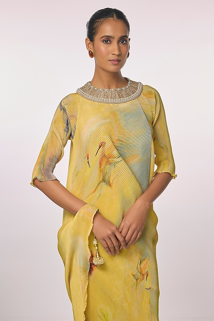 Yellow Pleated Polyester Cocktail Dress by Kiran Uttam Ghosh at Pernia's Pop Up Shop