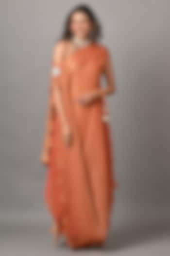 Gold & Soft Coral Jersey Cocktail Dress With Drape by Kiran Uttam Ghosh at Pernia's Pop Up Shop