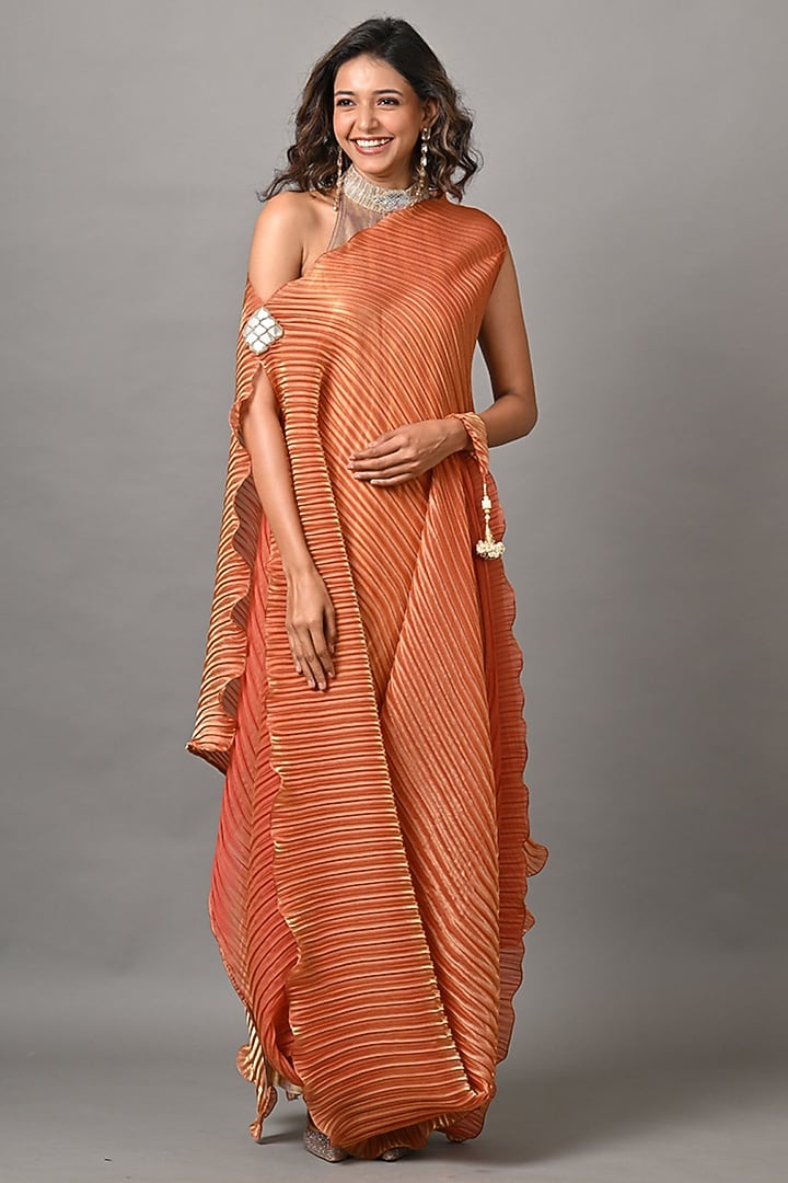 Gold & Soft Coral Jersey Cocktail Dress With Drape by Kiran Uttam Ghosh at Pernia's Pop Up Shop