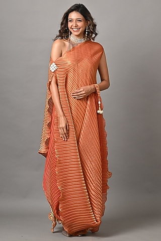 Gold & Soft Coral Jersey Dress With Drape by Kiran Uttam Ghosh