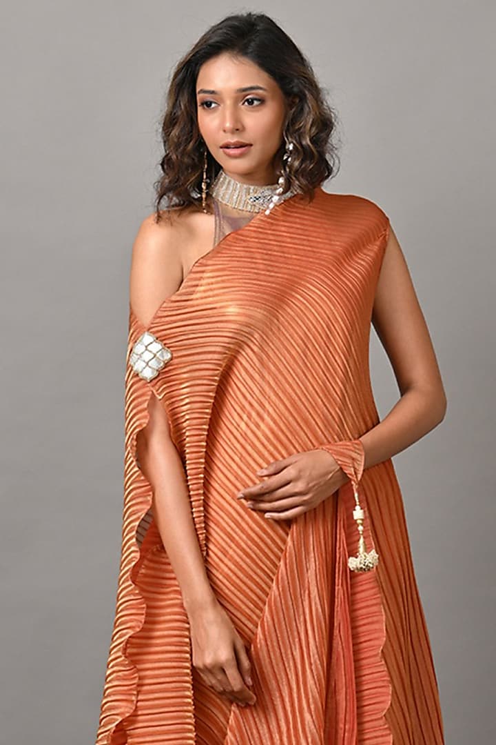 Gold & Soft Coral Jersey Cocktail Dress With Drape by Kiran Uttam Ghosh at Pernia's Pop Up Shop