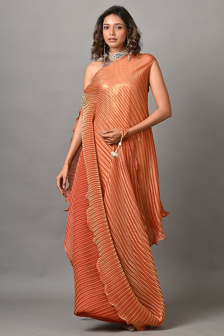 Gold & Soft Coral Jersey Cocktail Dress With Drape by Kiran Uttam Ghosh at Pernia's Pop Up Shop